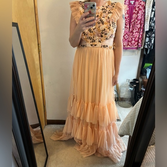 NWT Mac Duggal Cutout Tiered Ruffle Skirt Dress Peach Multi Embroidered - Picture 6 of 16